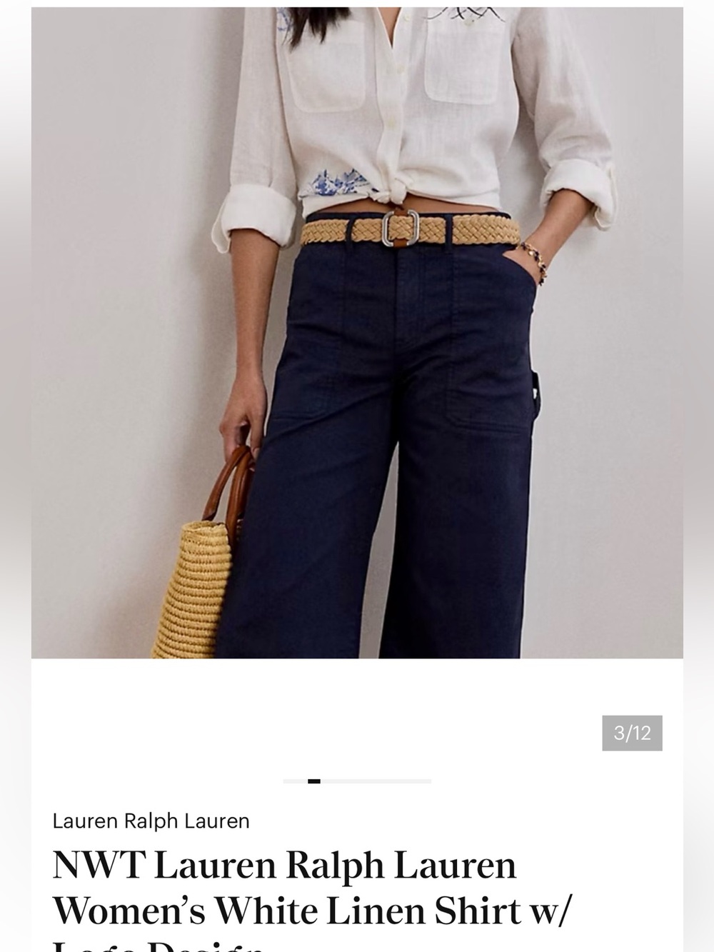 Lauren Ralph Lauren White Linen Shirt with Blue Script and Paint Accents - Picture 2 of 7